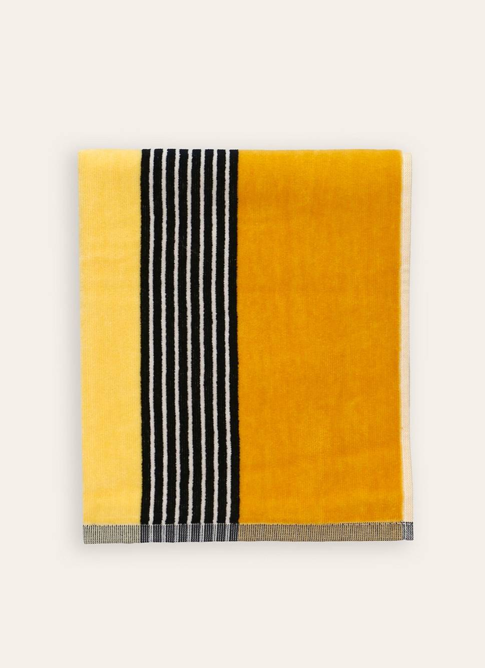 DRAP DE BAIN BICOLORE EN VELOURS AVEC RAYURE JAUNE