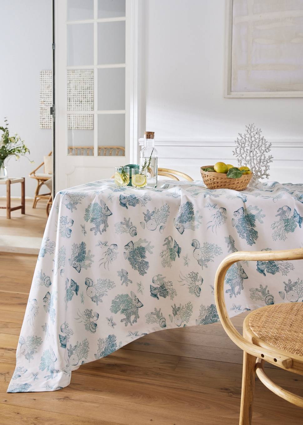 NAPPE ANTI TACHE COQUILLAGES BLANC BLEU