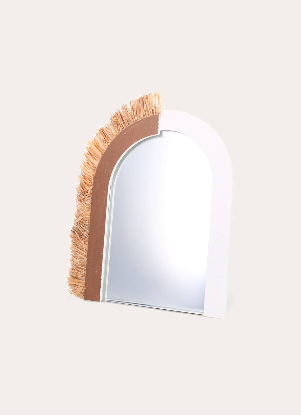 MIROIR ARRONDI BICOLORE AVEC FRANGES EN RAPHIA BLANC/BRUN