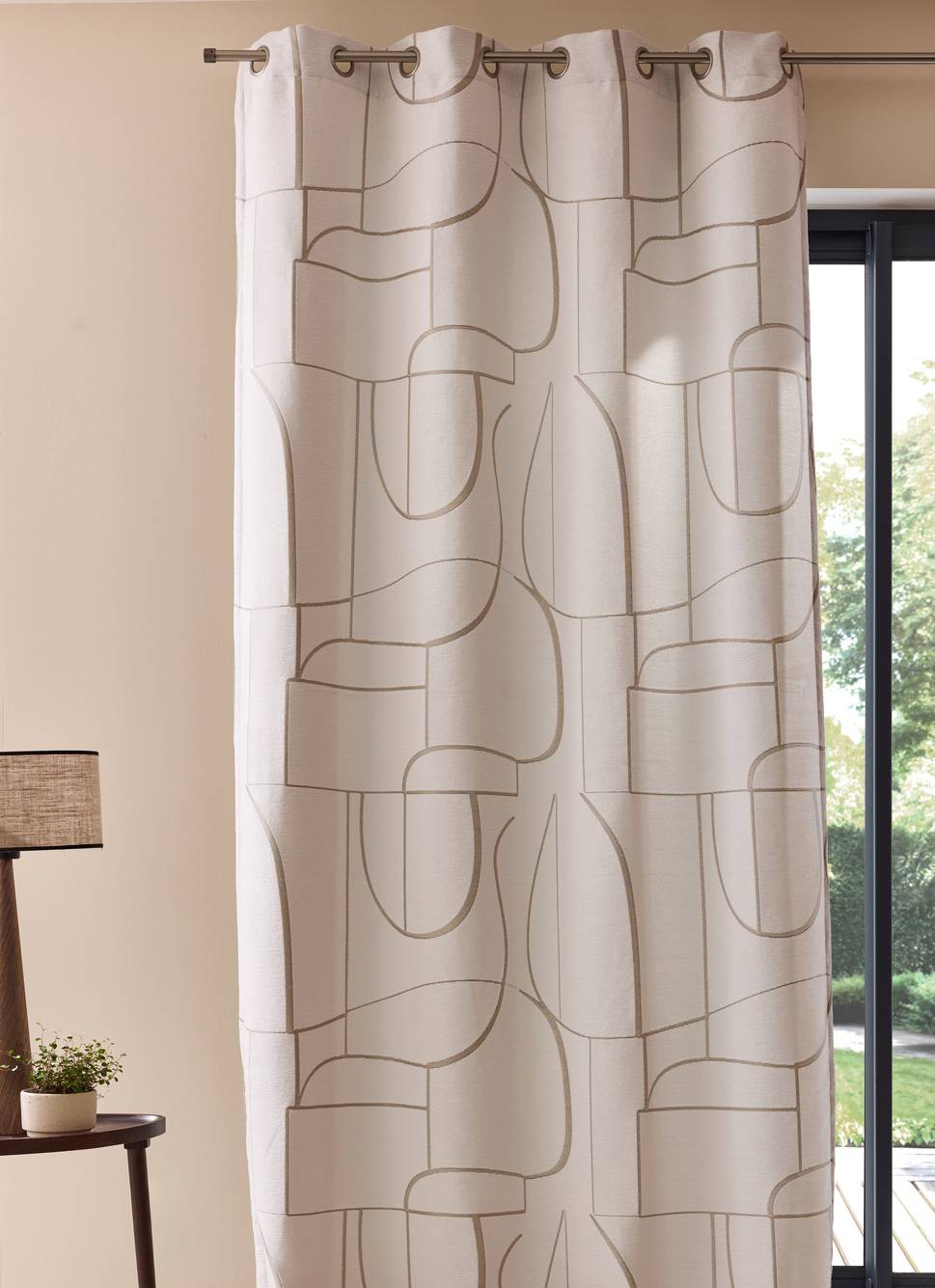 RIDEAU JACQUARD À MOTIF GÉOMÉTRIQUE CONTRASTÉ BLANC