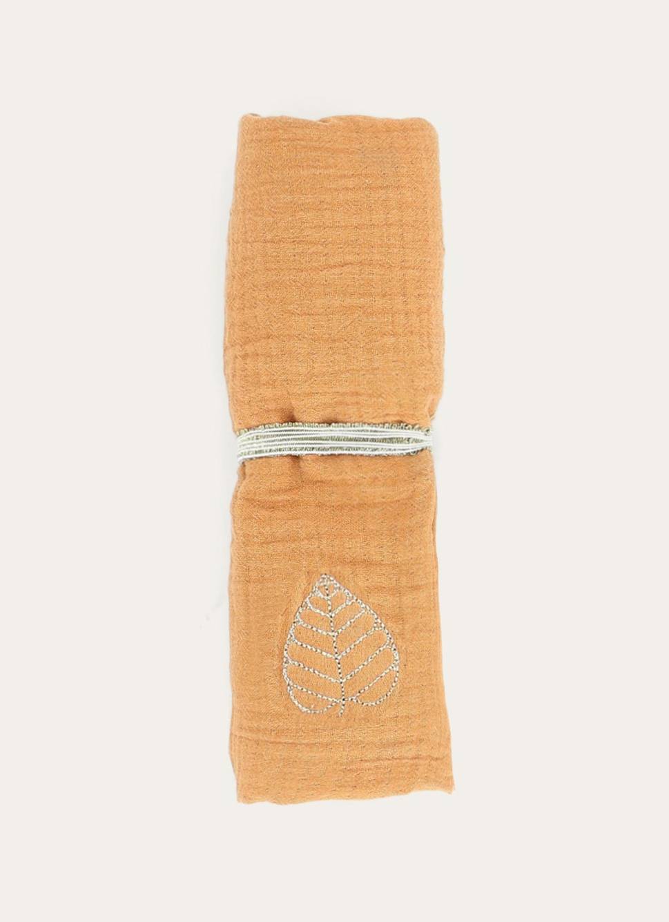 LANGE UNI EN GAZE DE COTON BRODERIE FEUILLE ORANGE