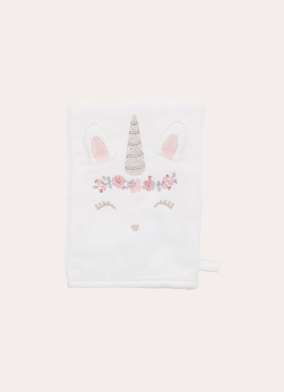 GANT DE TOILETTE EN VELOURS ÉPONGE LICORNE BRODÉE BLANC