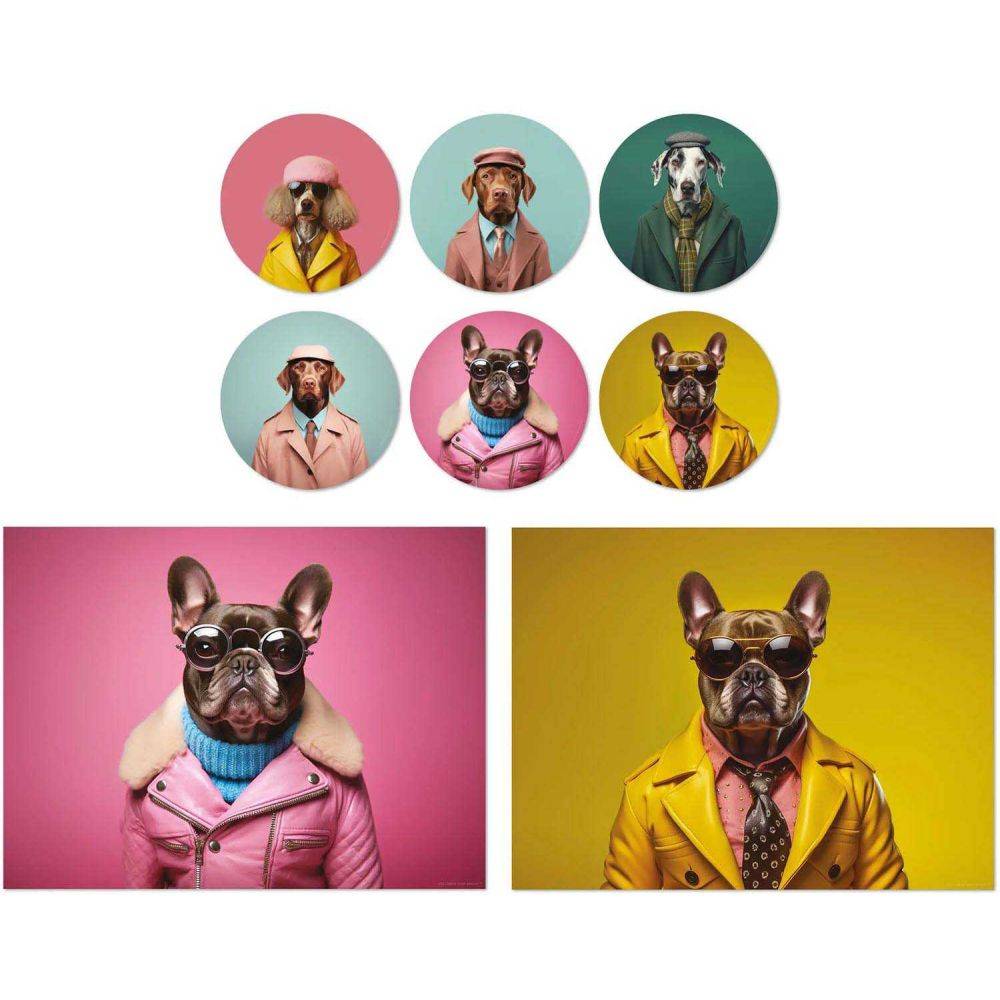 Ensemble sets de table et dessous de verre Funny Dogs (Lot de 2 sets de table et 6 dessous de verre motifs assortis)