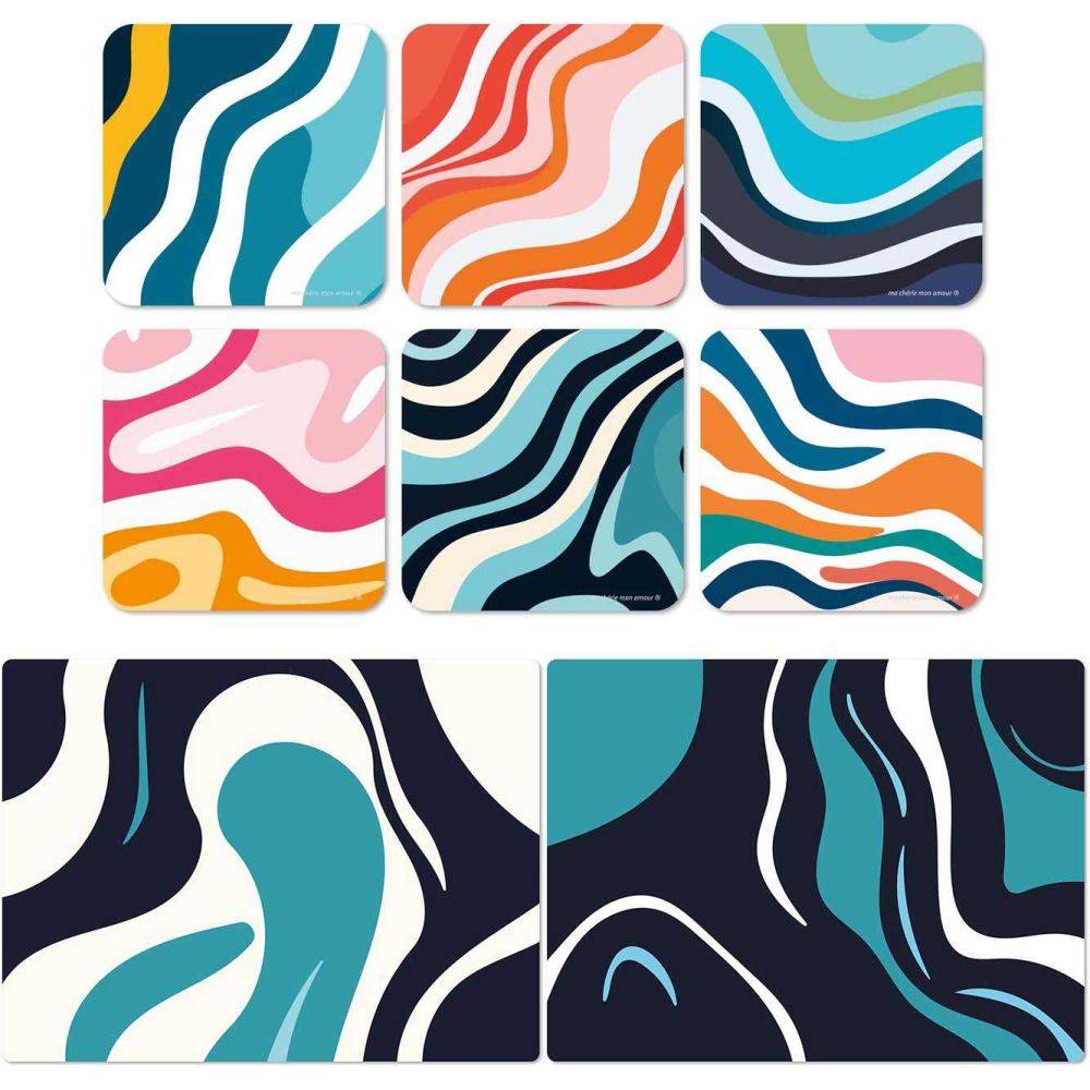 Ensemble sets de table en vinyle 40 x 30 cm et dessous de verre Wave (Lot de 2 sets de table et de 6 dessous de verre motifs assortis)
