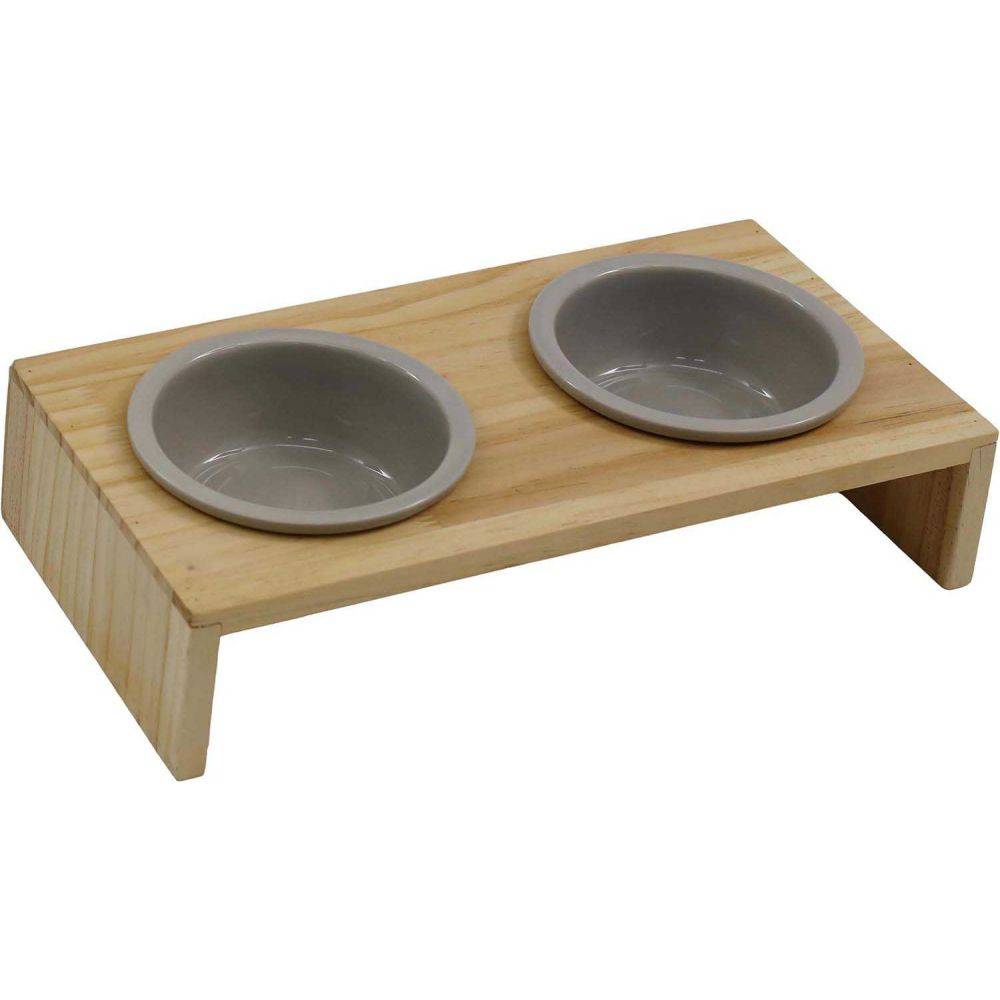 Gamelle double avec support en pin (Taupe)