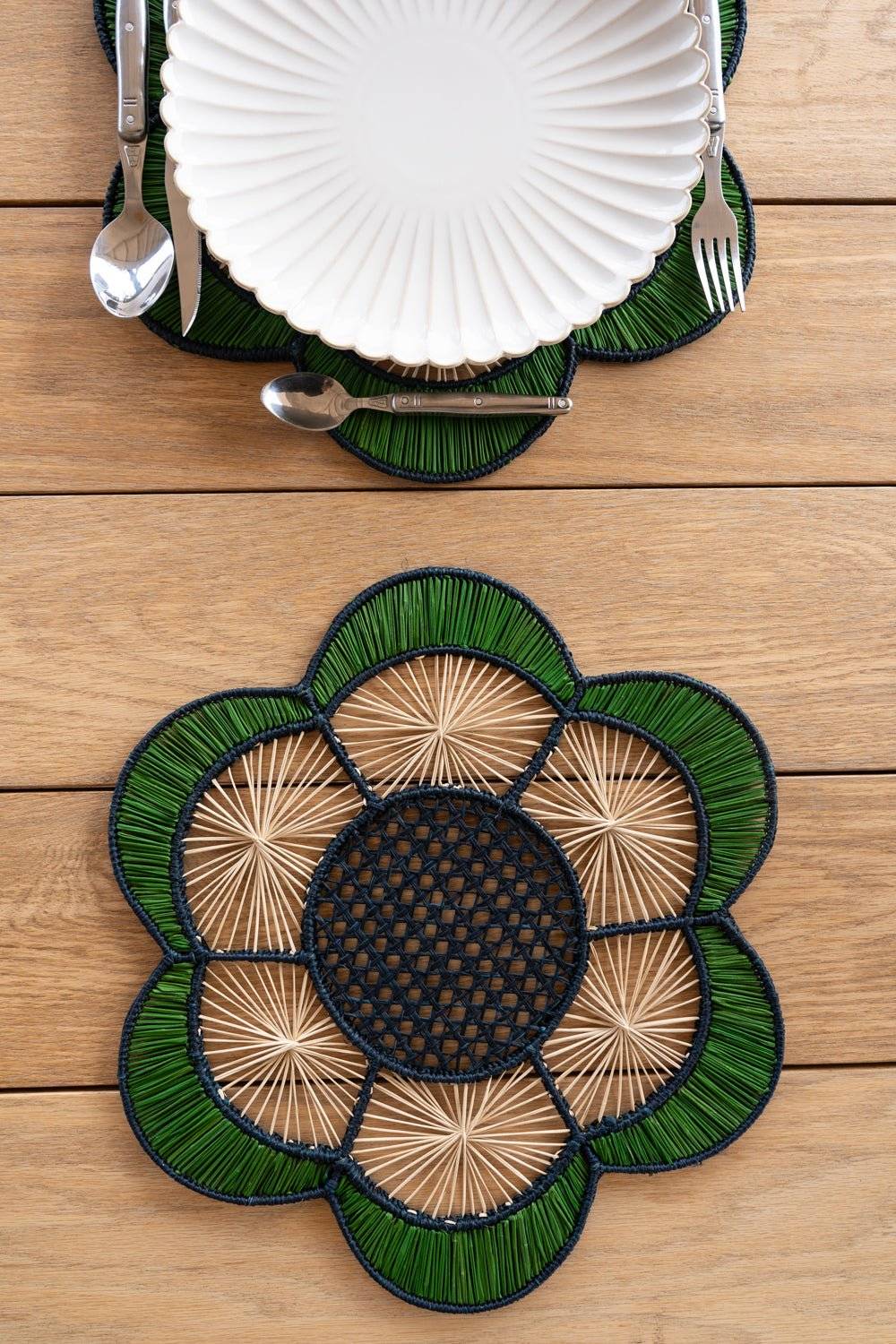 Set de table en forme de gardénia verte et bleue