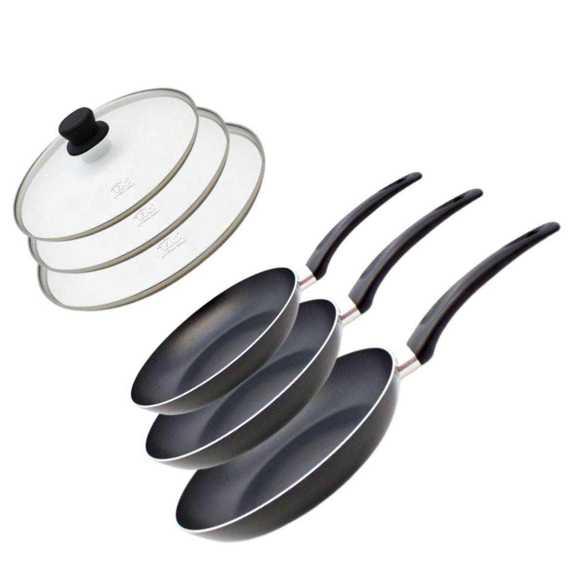 Lot de 3 poêles 24, 28 et 32 cm et couvercles Elo