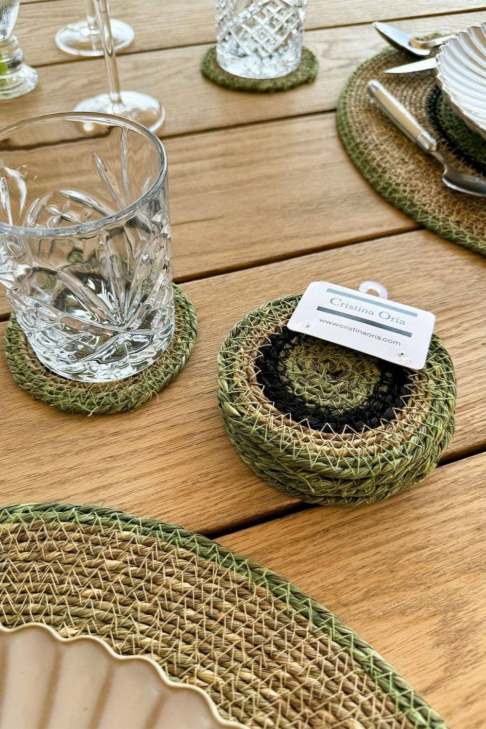 Lot de 6 sous-verres en seagrass beige et vert