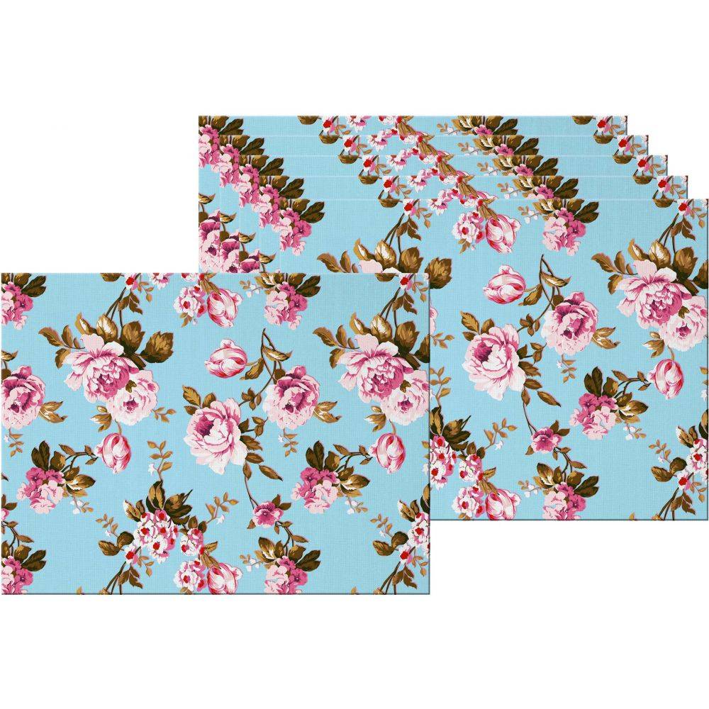 Set de table en vinyle 40 x 30 cm (Lot de 6) (Roses fond bleu)